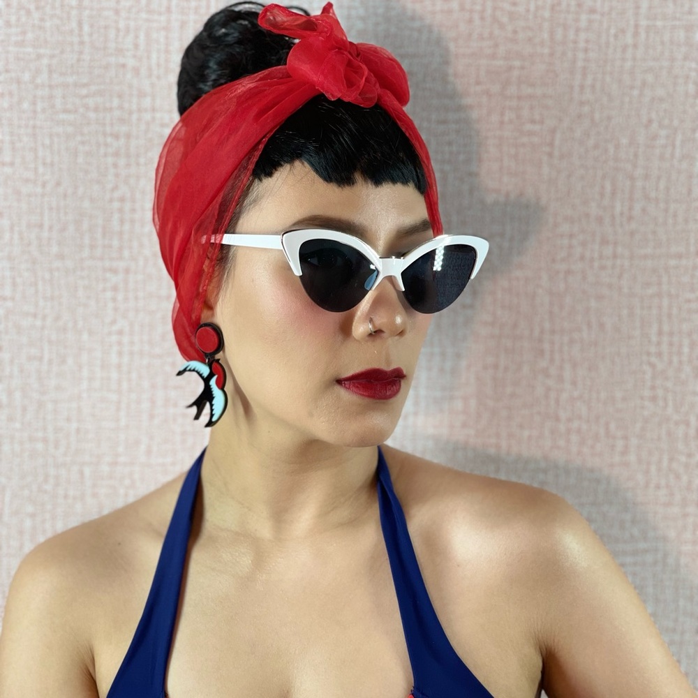Red Retro 50'S Vintage Style Sheer Tulle Head Scarf  Wrap Bandana Neckerchief - Picture 5 of 5